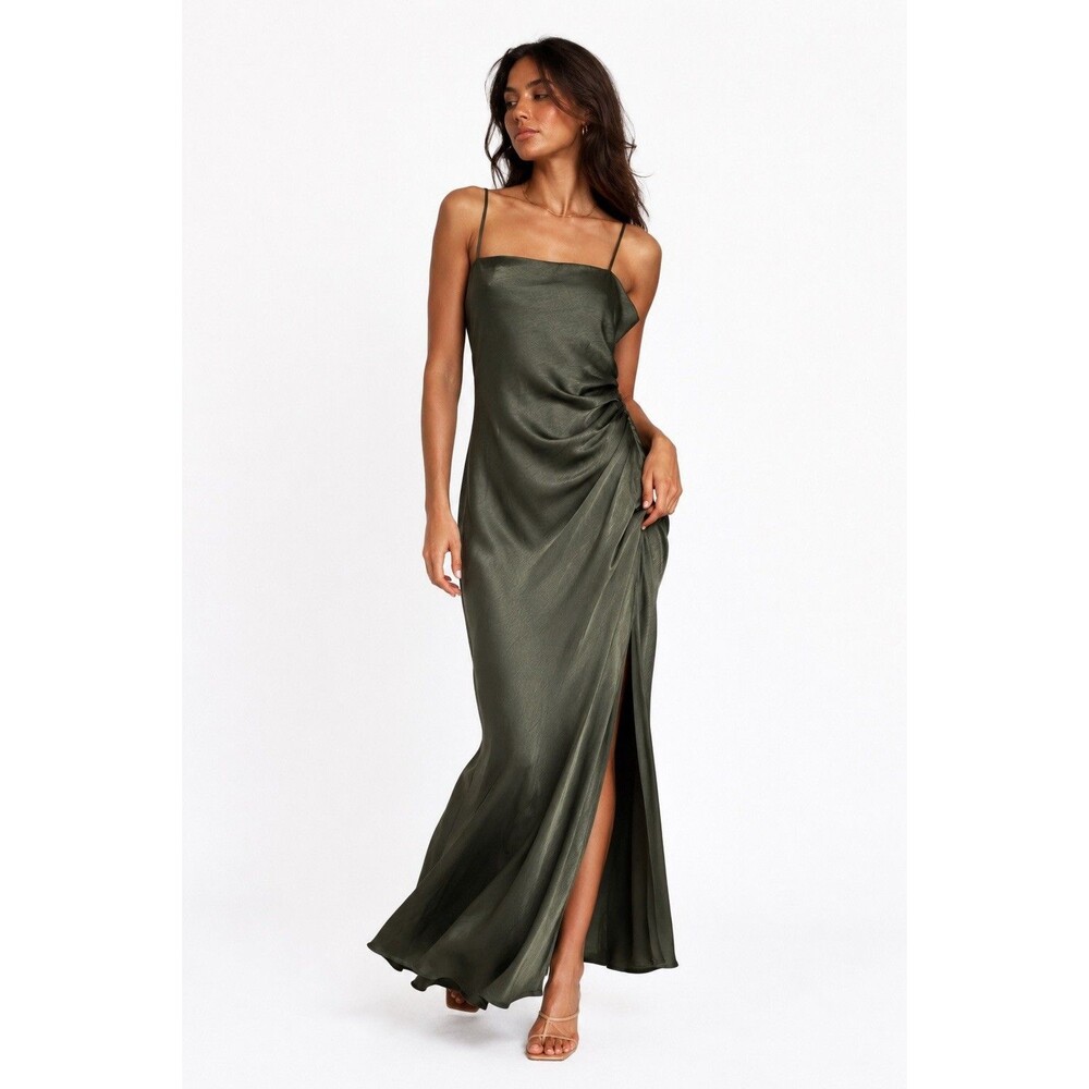 House of Harlow 1960 Olive Green Satin Slip Dress Ruched Side Maxi Dress Size L